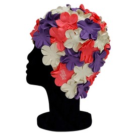 Blue Reef Isla Floral Ladies Classic Retro 3D Flower Petal 3 Colour Stylish Vintage Swimming Hat Swim Cap One Size Adults (Pink/Purple/Off White)