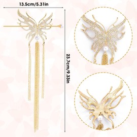 Yuqilin Hair Accessories 3D Butterfly Tassel Hair Stick, Vintage Rhinestone Pearl Butterfly Hair Clip, Super Fairy Butterfly Gold Hair Sticks for Women, Hair Accessories Women (Gold)