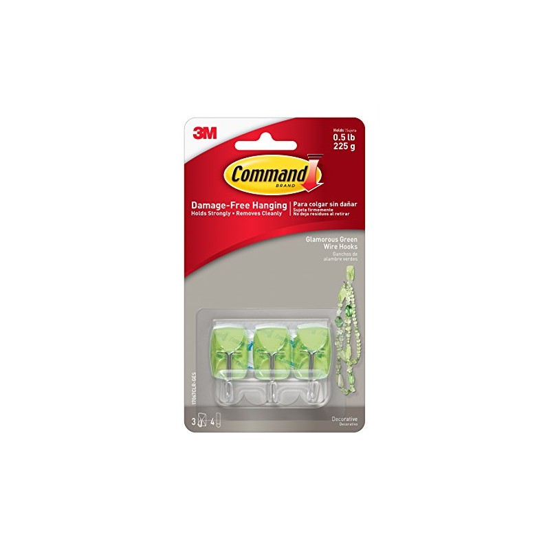 Command Wire Hooks, Small, Glamorous Green, 3-Hooks (17067CLR-GES)
