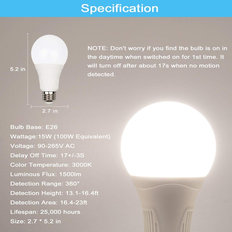 GREENIC Motion Sensor Light Bulbs Outdoor, 15W (100W Equivalent) 1500LM