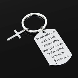 GiftYou Psalm 46:10 Inspirational Scripture Metal Key Chains with Cross Pendant - Bible Verse Keychain and Religious Gift for Christian (Psalm 46:10)