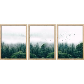 SIGNWIN Framed Green Pine Tree Wall Art, Set of 3 Misty Sky Emerald Forest Landscape Wall Decor Prints, Nature Wilderness Wall Décor for Living Room, Bedroom - 12"x16" Natural
