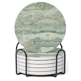 Hoomey Set of 6 Sage Green Abstract Onyx Marble Coasters with Holder, Absorbent Ceramic Drink Coasters for Table Protection, Coffee Table Decor