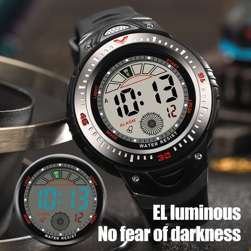 Black Men Digital Watch Waterproof LED Backlight Stopwatch Countdown 12/24