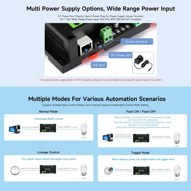 Waveshare 8-Ch Ethernet Relay Module (B) with Digital Input, Modbus