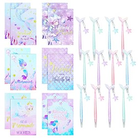 Mermaid Themed Stationery Set - 8 Mermaid Notebooks and 8 Gel Pens with Fish Tail and Starfish Pendants - Fun and Vibrant Designs for Kids, Students, and Parties - Ideal for Writing, Drawing