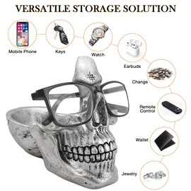 VIPbuy Skull Glasses Holder Stand with Storage Tray, Novelty Eye glasses Holder Rack for Nightstand, Resin Skull Head Sculpture Statue Home Office Desk Decor Gift (Silver)