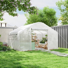 Outsunny 13' x 10' x 6.5' Hoop House Greenhouse with Large Windows and Zippered Door, Large Walk-in Tunnel Green House with Upgraded Galvanized Steel Frame, PE Cover, Gardening Plant Hot House, White