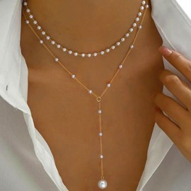 Xmsrn Vintage Pearl Y Lariat Necklace Boho Pearl Drop Y Necklace Layered Pearl Choker Necklace Wedding Pearl Pendant Necklace Long Pearl Chain Necklace for Women, Zinc, No Gemstone