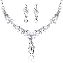 Uloveido Y644 - Juego de collar y pendientes de tuerca chapados en platino con perlas de imitación, para mujer Blanco