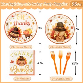 JarThenaAMCS 96Pcs Thanksgiving Tableware Set Cute Turkey Give Thanks Disposable Party Supplies Fall Paper Plates Napkins and Forks for 24 Guests Autumn Harvest Table Decor