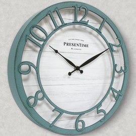 Presentime & Co 13" Farmhouse Series Wall Clock, Shiplap Style, Silent No Ticking, Coastal Clock, Raised 3D Arabic Numeral, Aged Teal Finish