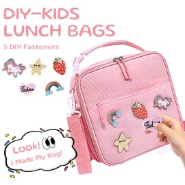 WOBAGMEN Kids Lunch Box with DIY Patch, Cute DIY Insulated Lunch Bag for Kids Boys Girls Toddlers ，Reusable Bento Lunch Box for School Daycare (Pink, straberry)
