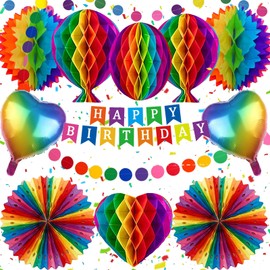 Birthday Decoration Rainbow, Reusable Happy Birthday Banner, Paper Fans Decorations for Men, Boys, Women and Girls