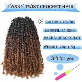 14 Inch 9 Packs Yanky Twist Crochet Hair Pre-Twisted Curly Braiding Hair Extensions Pre-looped Senegalese Twist Braids Synthetic Curly Crochet Hair For Black Women(14inch, 9pack, 1b/4/30)