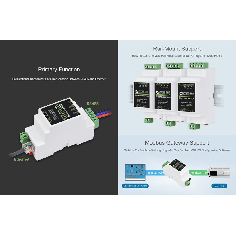 Waveshare Industrial Serial Server (2pcs), RS485 to RJ45 Ethernet, TCP/IP