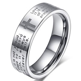 Fashion Month Womens 4mm Tungsten Carbide White Ring Engraved English Bible Verses About Love Cross Band for Her Size 5