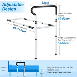 KingPavonini KingPavonini Bed Rails for Elderly Adults Safety - Adjustable Bed Cane with Non-Slip Ergonomic Handle and Storage Pocket, Stable Bed Assist Rails for Seniors Hold up to 400 Lbs, Tool-Free Assembly