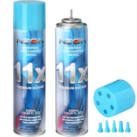 NEON Butane Fuel Refill, 11X Ultra-Refined, 300ml Premium Lighter Fluid with Metal Nozzle & 5 Butane Gas Refill Adapters for Refillable Jet Flame Lighters, Torches, and Culinary Use, 2 Cans