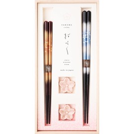 Hashikura Matsukan S-12189 Chopsticks, Dishwasher-Safe, Couples Chopsticks, Natural Wood, Pair Set, 9.1 inches (23 cm), 8.3 inches (21 cm), Chopsticks Rest Included, Sakura-Saku, Cherry Blossom Style,