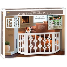 Etna White Floral Wooden Pet Gate - Freestanding Foldable Adjustable 3-Section Dog Gate. Extra Wide, Keeps Pets Safe Indoors/Outdoors - Fully Assembled