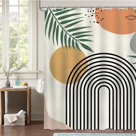 Avezano Mid Century Abstract Shower Curtain Boho Abstract Plant Modern Minimalistic Beige Bathroom Shower Curtain Waterproof Bathtub Curtain Decor Set with 12 Hooks 72x72 Inches (Beige)