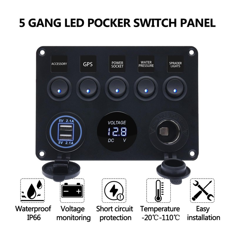 12V 5 Gang Toggle Rocker Switch Panel for Boat Waterproof