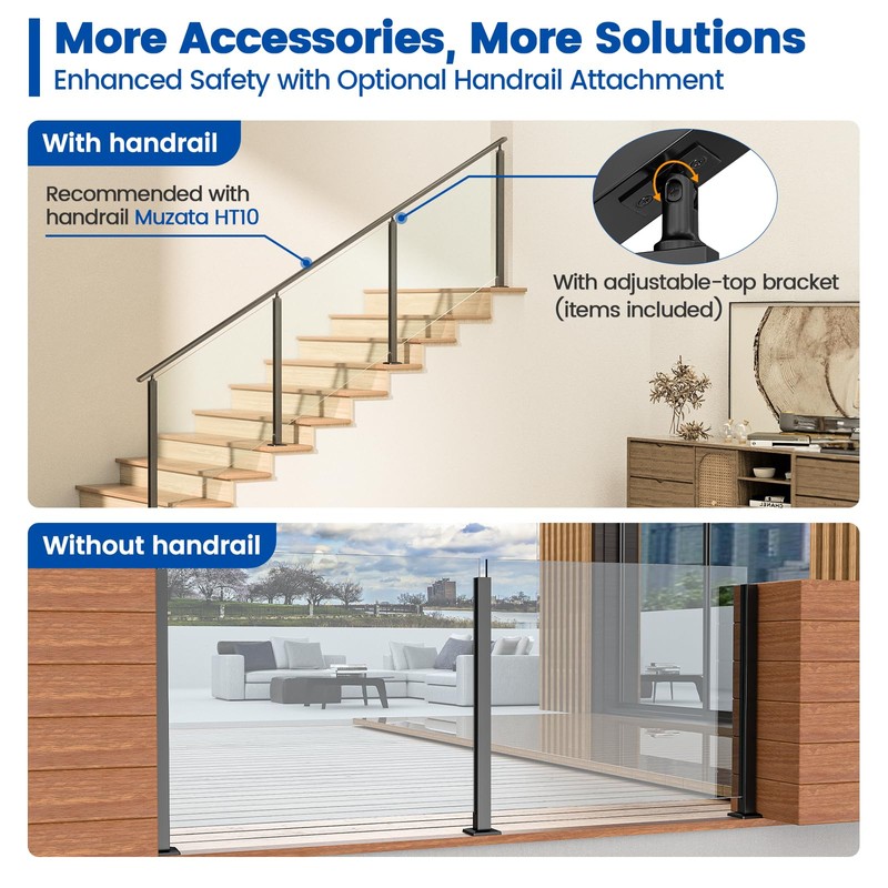 [Patent]Muzata 1Pack 36"x2"x2" Black Glass Railing Post for Level or