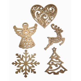 Purpledip Wooden Christmas Hangings (Heart, Snowflake, Tree, Angel, Reindeer): Xmas Tree Ornaments Wall Decorations DIY Set Of 5, Golden (12442A)