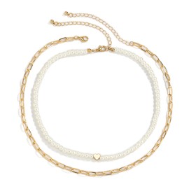 IUDWCG 2 Pcs Pearl Necklaces, Elegant Imitation Pearl Necklace, Punk White Pearl Necklace, Men Women, Silver Chain, Layered Fashion Jewelry, Metal