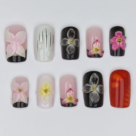 Summer Press on Nails Short Square Fake Nails with French Tip Flowers Embossed Pattern Rhinestones Stick on Nail Shiny Full Cover Acrylic False Nails Designs Cute Glue on Nail for Women Manicure