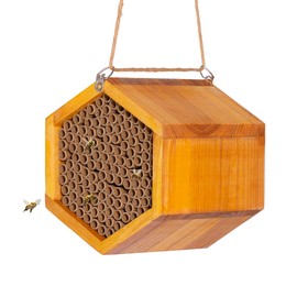 Mason Bee House - Handmade Natural Wooden Bee Hive Coated with Wax for Water-Proof and Long Service Life - Attracts Peaceful Bee Pollinators to Your Garden, Bee Houses for Garden