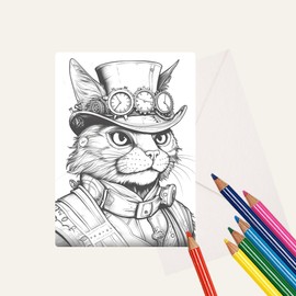 Steampunk Cats Coloring Card Kit, 5" x 7" Greeting Card Stationary Set, Easy Adult Coloring A7 Cards with Mailing Envelopes, Greeting Cards, DIY Paper Crafting Kit