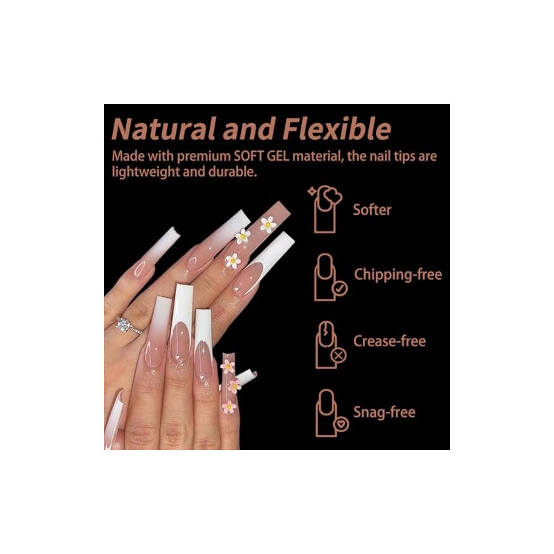 Long Square Nail Tips, 240Pcs Full Cover Soft Gel Nail