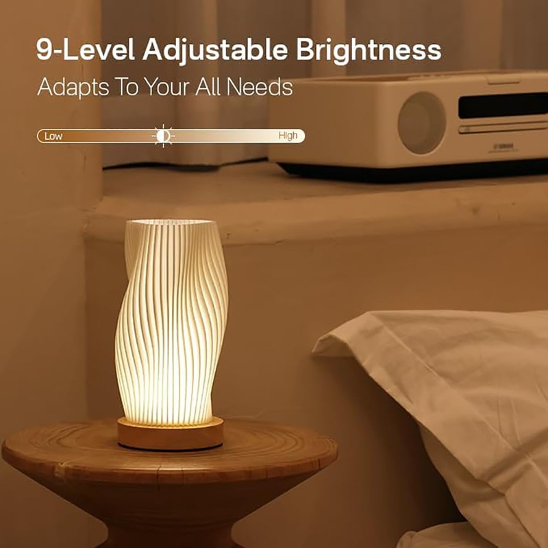 Table Bedside Lamp with Woodbase, Button Control Night Light for