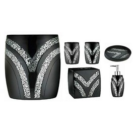 6 Piece Sinatra Resin Bath Accessory Set, Cracked Glass, Black