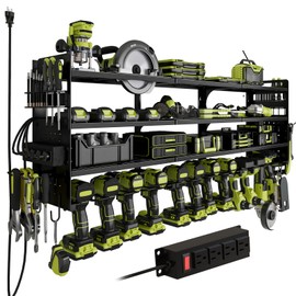 SEEAHEAD 12 Cordless Drill Holder Large Power Tool Organizer Wall Mount with Side Pegboard & Screwdriver Holder, 4-Tier Heavy Duty Metal Tool Storage Rack with 4-Outlet Power Strip