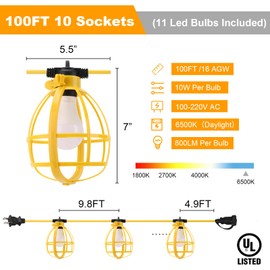 Yaoledly 100FT Construction String Lights, 100W 11 Bulbs Work Lights with E26 Base, Construction Lights IP65 Waterproof, 8000LM 6500K Temporary Lighting for Indoor Workshop, Mine cave, Job Site