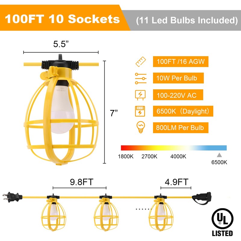 Yaoledly 100FT Construction String Lights, 100W 11 Bulbs Work Lights