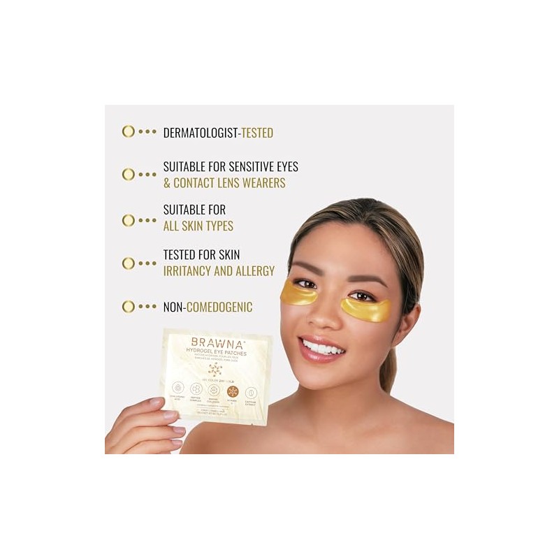 BRAWNA Parches de Hidrogel Oro 24K para Ojos, Ojeras y