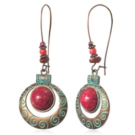 GPASTG Handmade Bohemian Vintage Alloy Geometry Flower Teardrop Leaf Dangle Drop Leverback Earrings For Women (Red Round 2)
