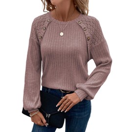 Acelitt Purple Long Sleeve Shirts for Women 2025 Casual Crewneck Business Tops Lace Patchwork Tunic Tops Fall Winter Ribbed Knit Sweaters L