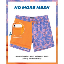 SURF CUZ Mens Swim Trunks with Compression Liner Mens Swimming Trunks 5 Inch Bathing Suit with Zipper Pockets Quick Dry Swim Shorts Orange Tie Dye Medium