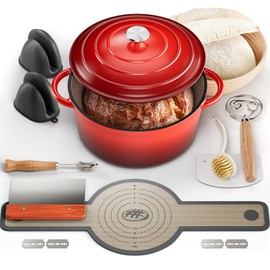 5QT Cast Iron Dutch Oven for Bread Baking, With Banneton Bread Proofing Basket & Sourdough Baking Supplies, Multi-Functional Enameled Dutch Oven Pot with Lid, Cast Iron Bread Pan, Red