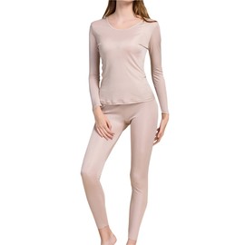 Grenasasilk Womens Silk Long Underwear Mulberry Silk Long Johns Silk Thermal Underwear Sets Cold Weather Base Layer (XL, Beige)