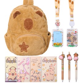 Capybara Backpack School Bag for Girls Boys, Plush Backpack Cute Stationary Back to School Supplies with Notebook Pen Card Holder Stationery Gifts for Kids