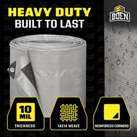 Heavy Duty Tarp Waterproof Large Cover |Silver/Black, 10' x 20' 10 Mil Thick | Rip Proof Tarps | Thick Weave Material, UV Resistant Great for Tarpaulin Canopy Tent, Boat, RV or Pool Cover