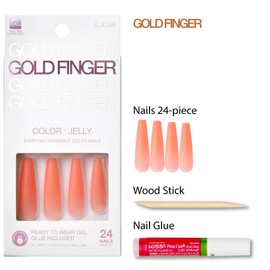 GoldFinger False Nails Kit, Jelly Color Ready to Wear Matte Orange Fake Nails, Manicure Stick and Glue Included, XX-Long Length, Coffin Shape, Long-Lasting Hottest Trend Glue on Nails