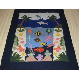 Hawaiian Quilt Baby Blanket/Wall Hanging, hand quilted and machine embroidered Under the Sea