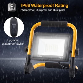 ORHOMELIFE 30W 3000LM LED Work Light, 300W Equivalent 6000K IP66 Waterproof Flood Lights, 13.1ft 4m Cord with Plug, Portable Led Lights for Job Site Car Inspection Workshop Garage, Construction Site